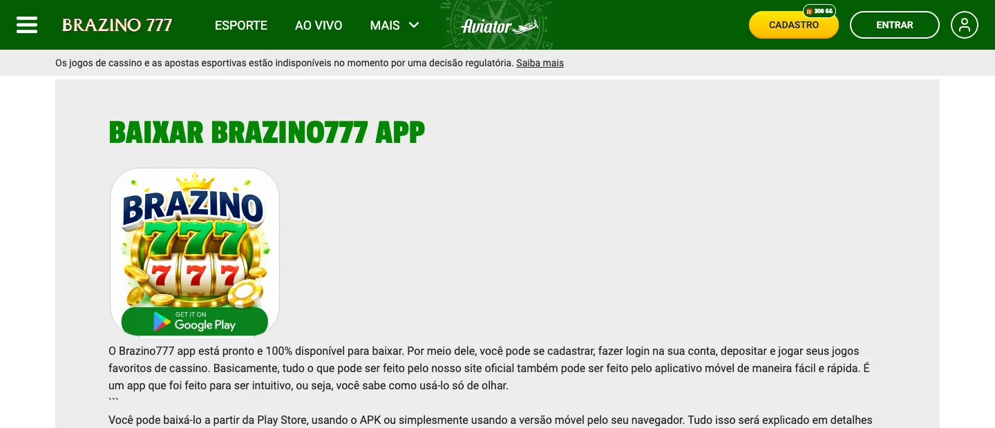 Aviso sobre a situação regulatória na página do app do Brazino777