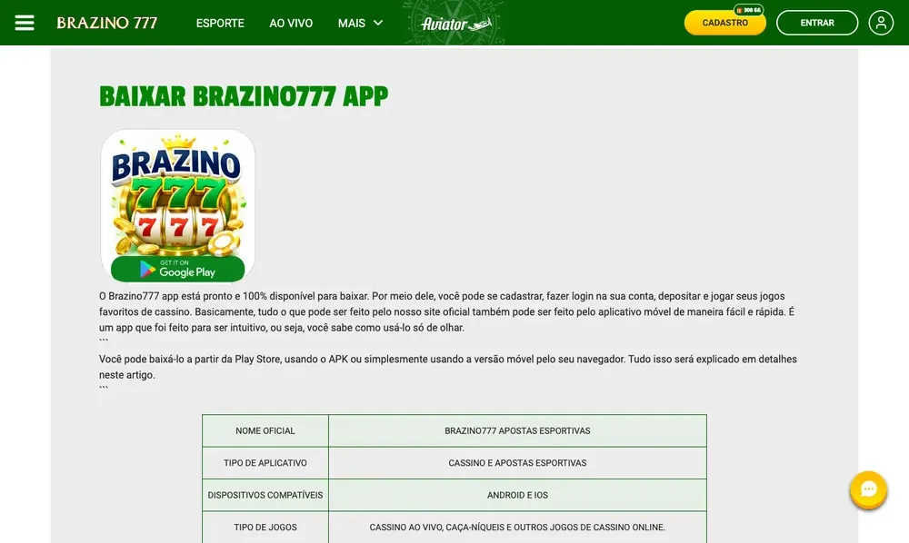 Página do app Brazino777 no computador