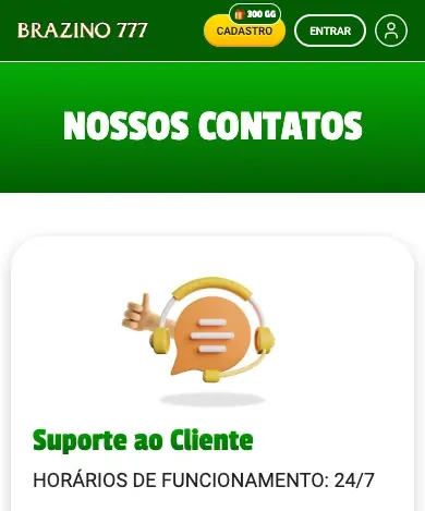 Página Nossos Contatos do Brazino777 no celular, com o card de Suporte ao Cliente