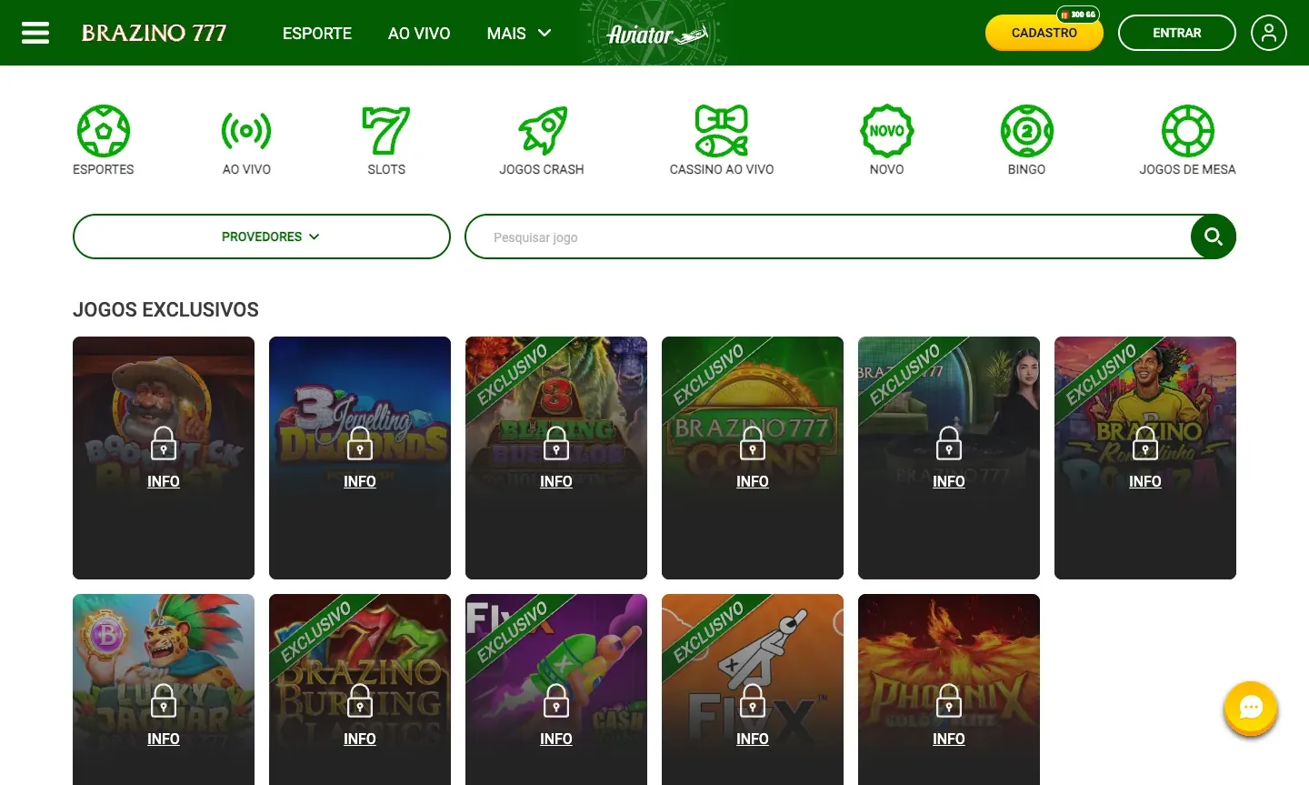 Seção Jogos Exclusivos do Brazino777: capas de slots com a faixa EXCLUSIVO, na vitrine do catálogo