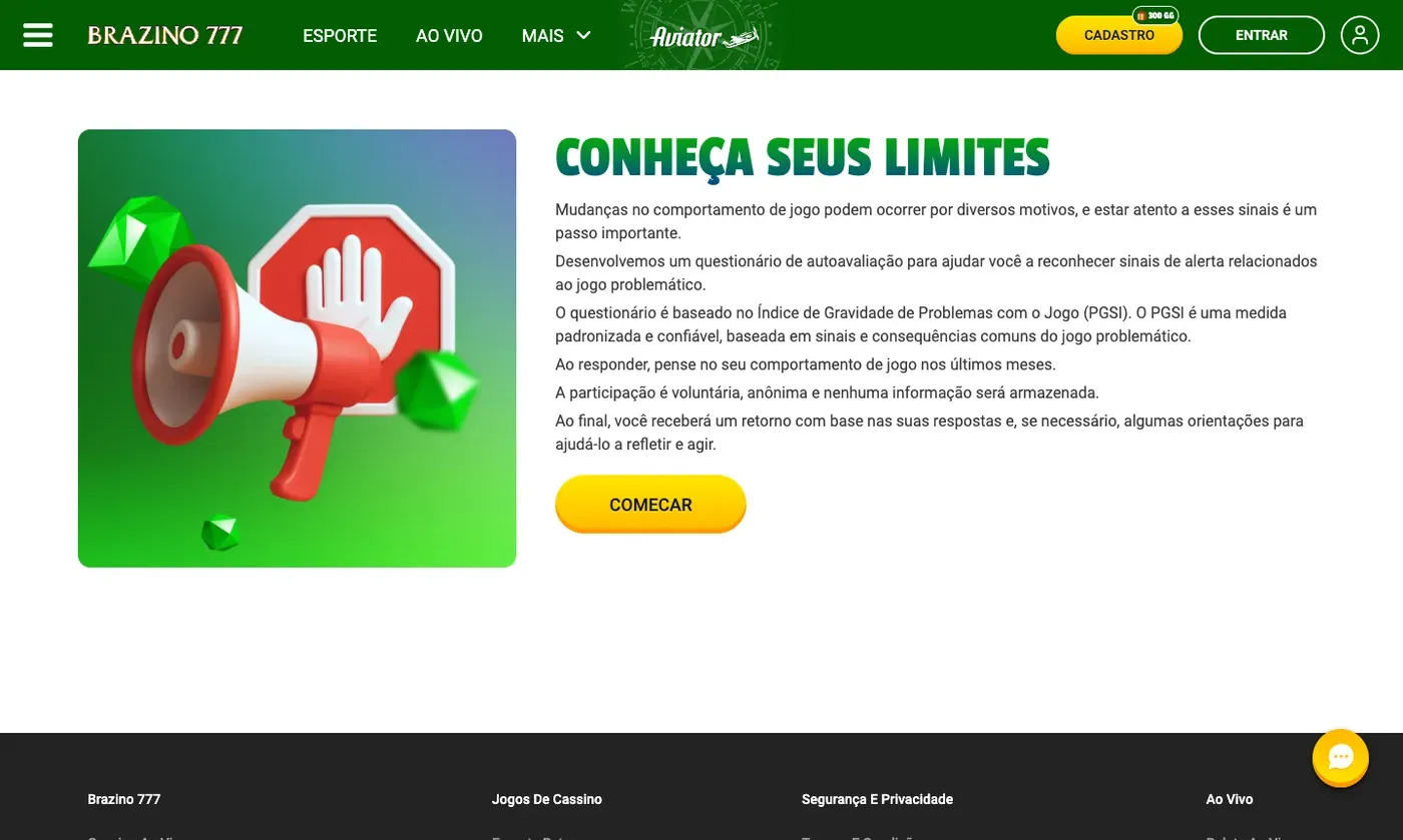 Página Conheça Seus Limites do Brazino777, com o questionário de autoavaliação PGSI