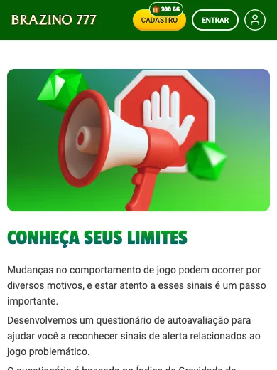 Página Conheça seus Limites do Brazino777 no computador, com questionário PGSI