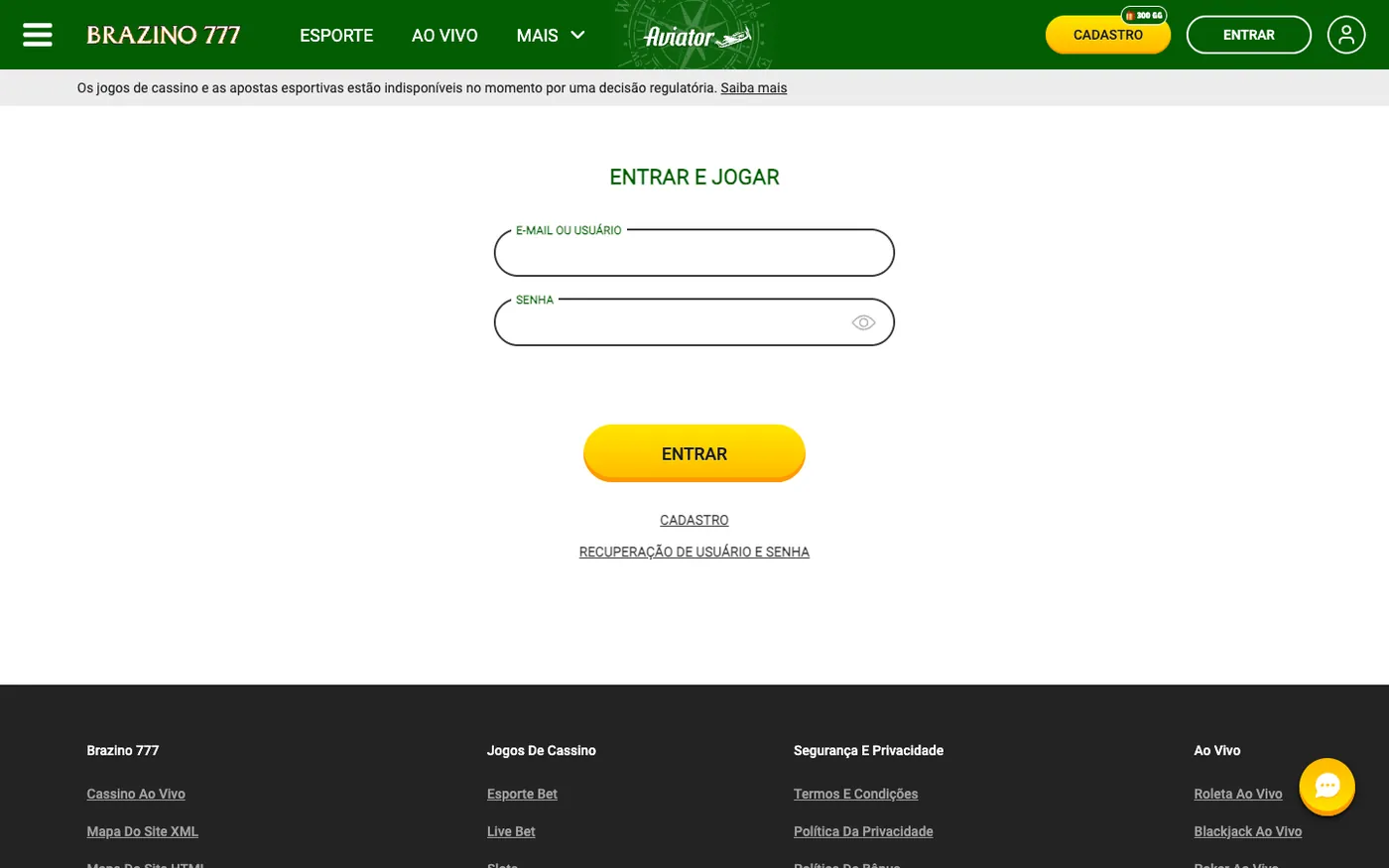 Aviso sobre a situação regulatória na tela de login do Brazino777