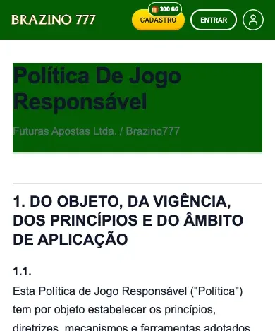 Abertura da Política de Jogo Responsável do Brazino777, publicada pela Futuras Apostas Ltda